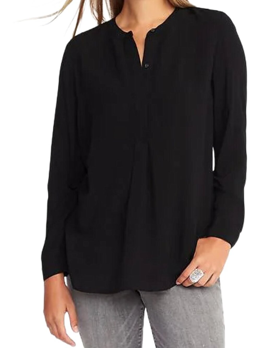 Black Rayon Tunic Blouse Old Navy Popover Long Sleeve Work Top M